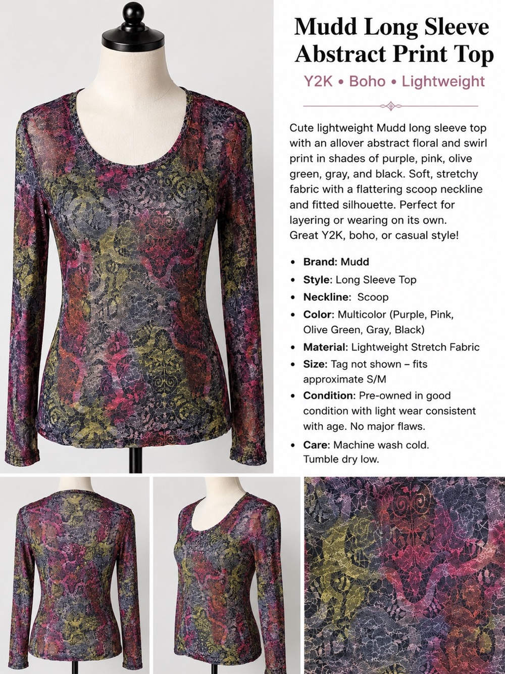 Mudd Long Sleeve Abstract Print Top Boho Y2K Lightweight Stretch Shirt